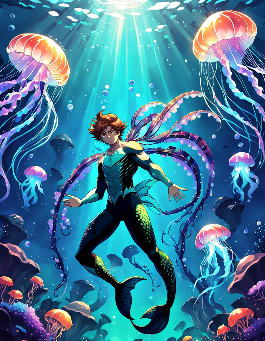 Merman in Vibrant Oceanic Wonderland