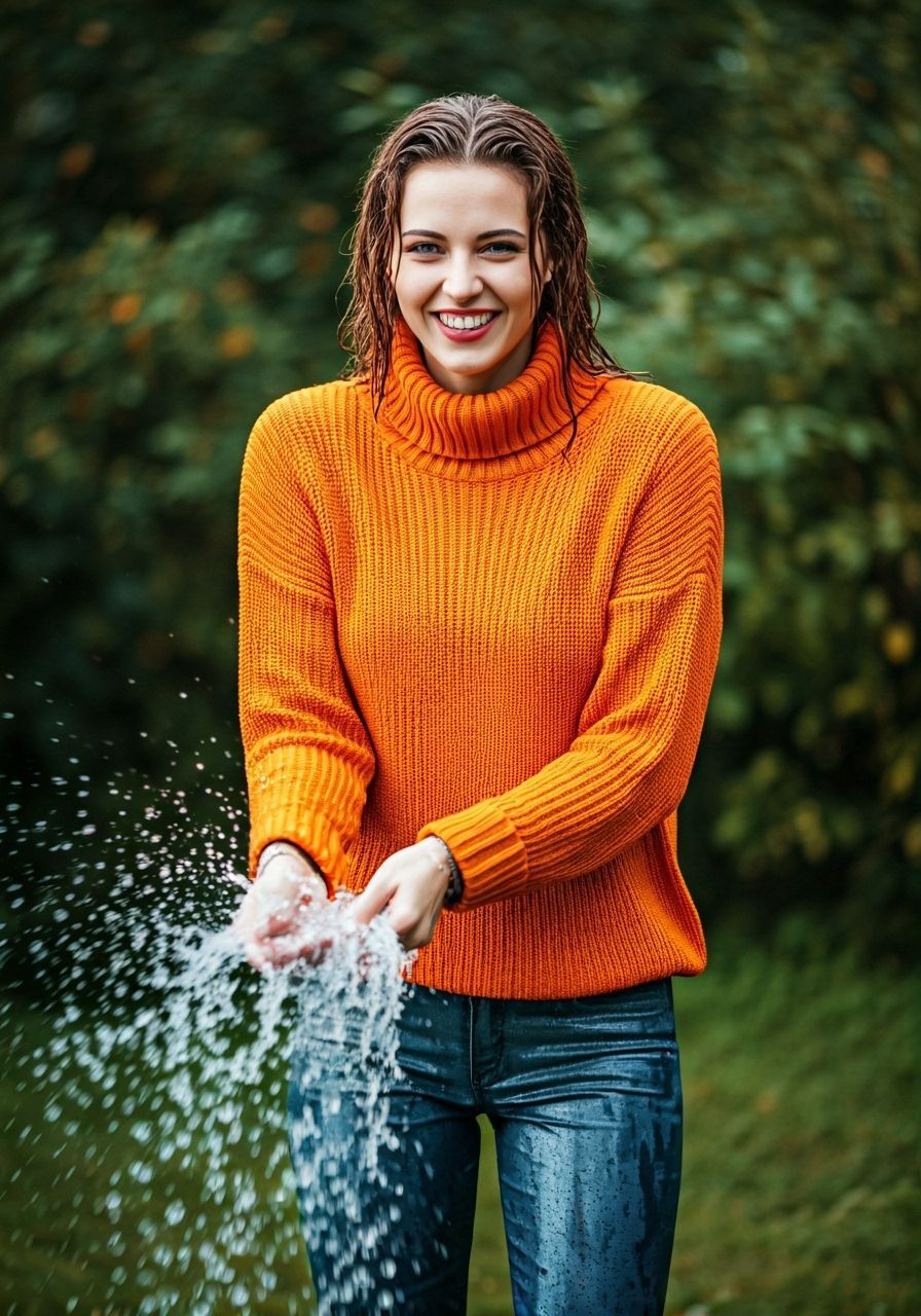 Woman Splashing Water in Wet Orange Sweater
