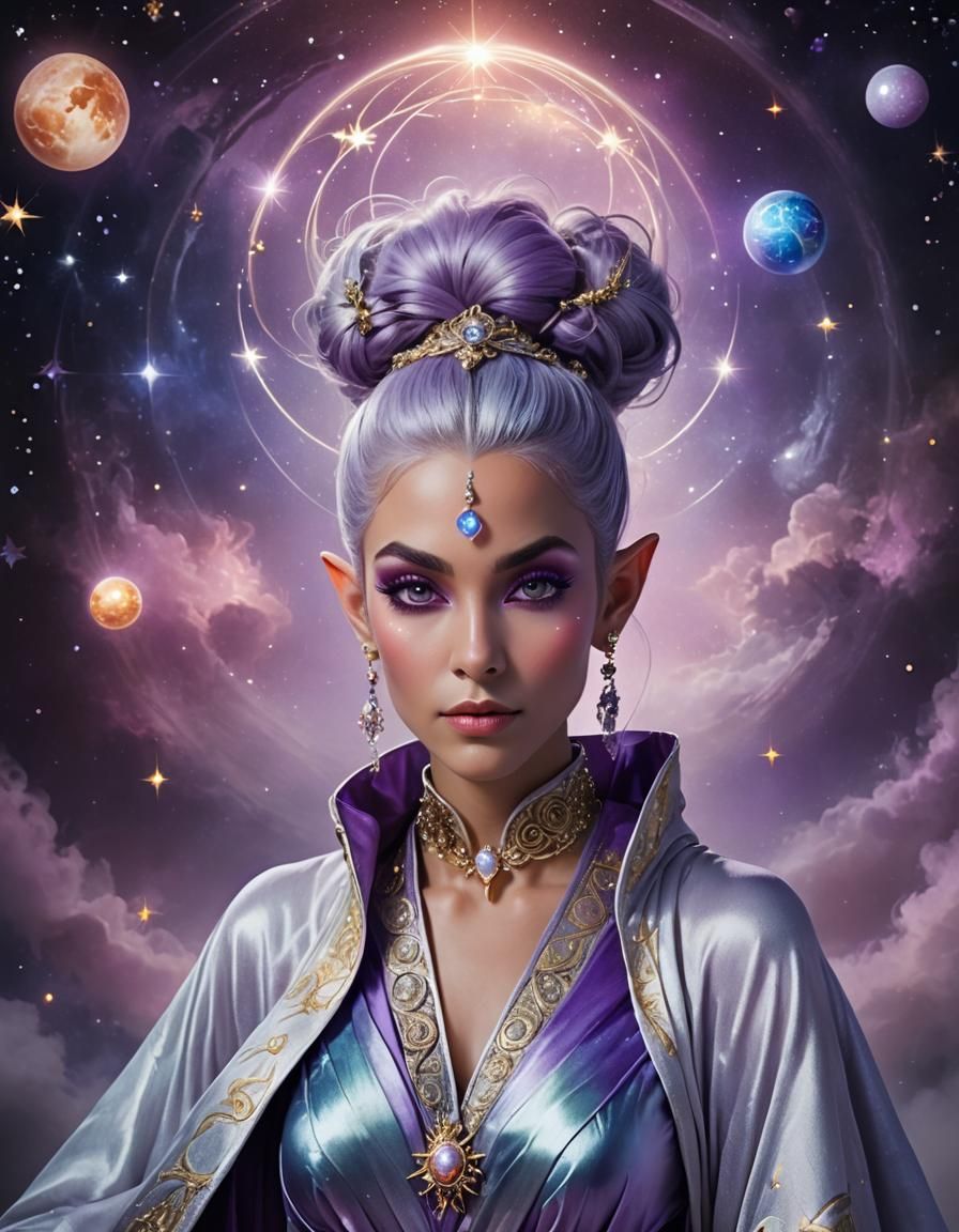 Glamorous Astral Elf Portrait with Planetary Orbits