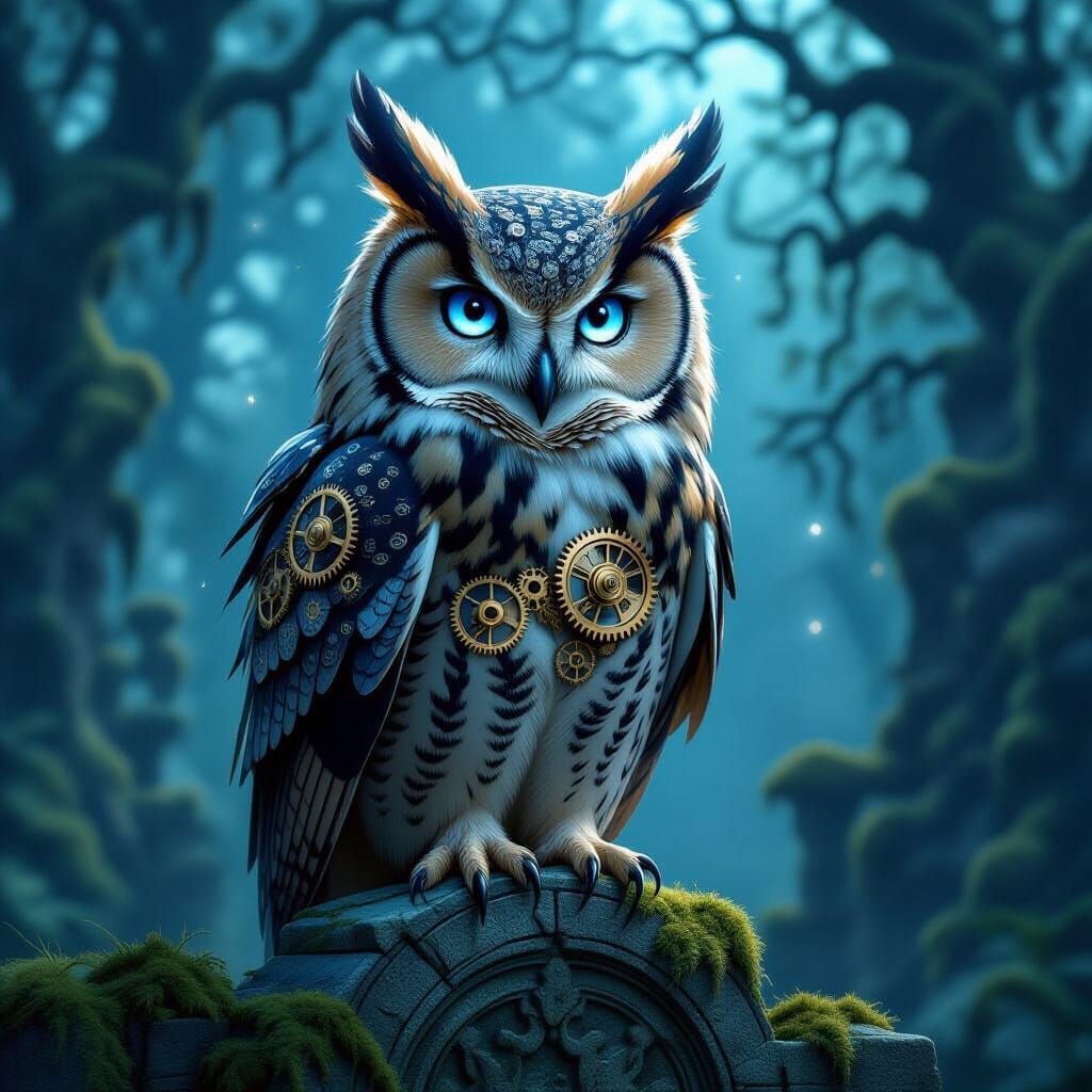 Clockwork Owl on Ancient Ruins in Twilight Forest