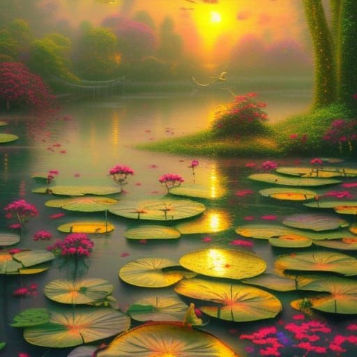 Frogs Watch Sunset on Lily Pads: Ethereal Fantasy