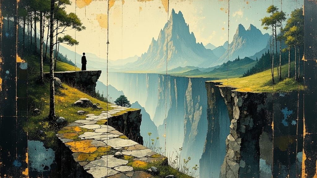 Ancient Stone Bridge Connects Forest Cliff to Mountain Plate...