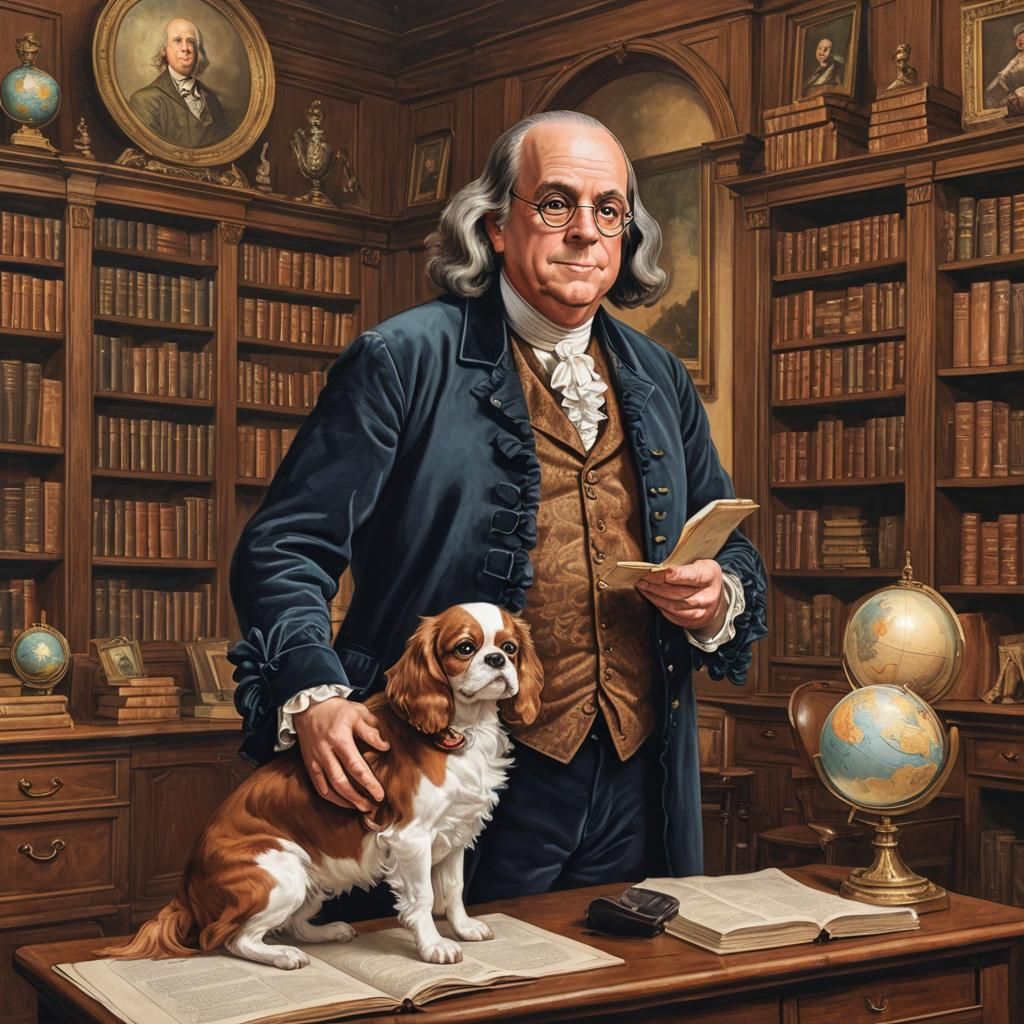 Benjamin Franklin Portrait with Cavalier King Charles Spanie...