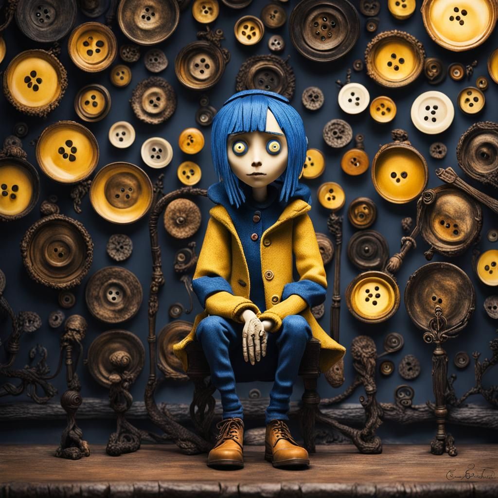 Coraline with Button Eyes in Gothic Art Style