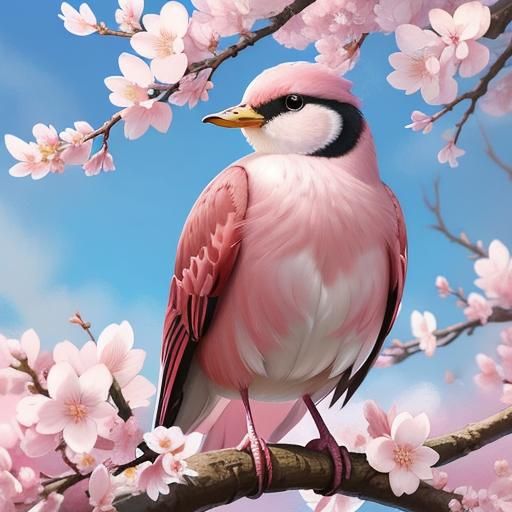 Sylvan Bird in Cherry Blossom Tree Illustration