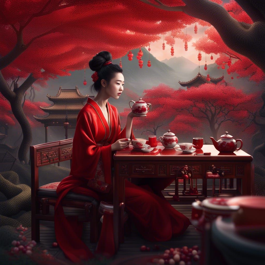 Woman with Tea in Cherry Blossom Garden