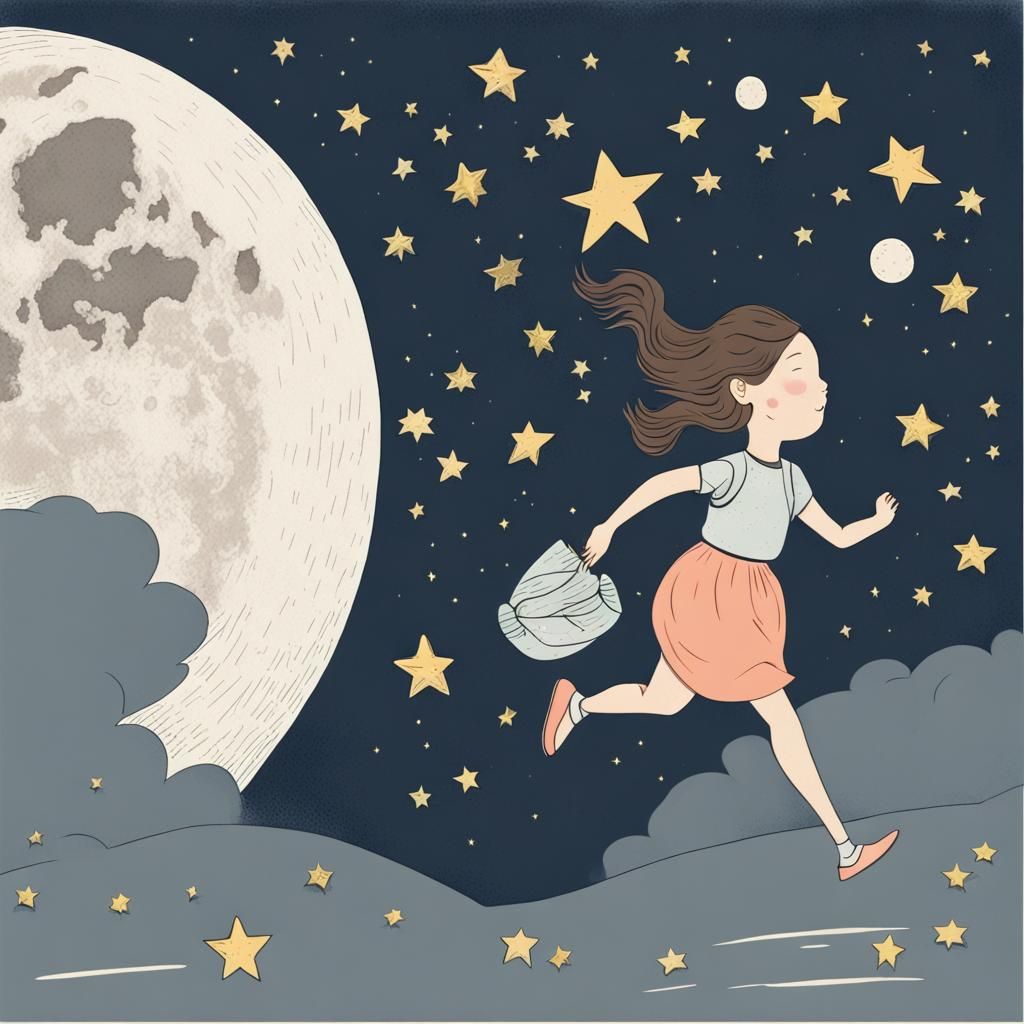 Girl Catching Stars Under the Moon Illustration