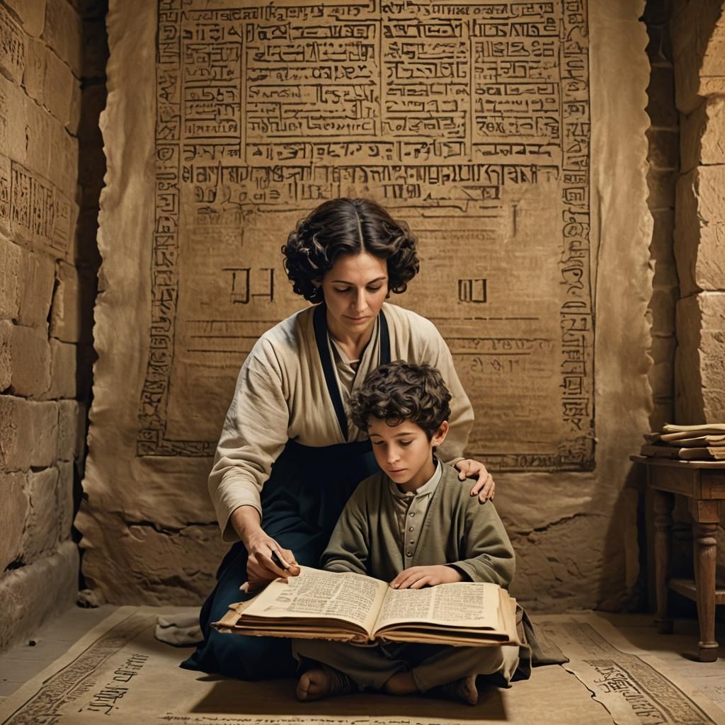 Jewish Boy Reads Scroll with Mother in Ancient Home