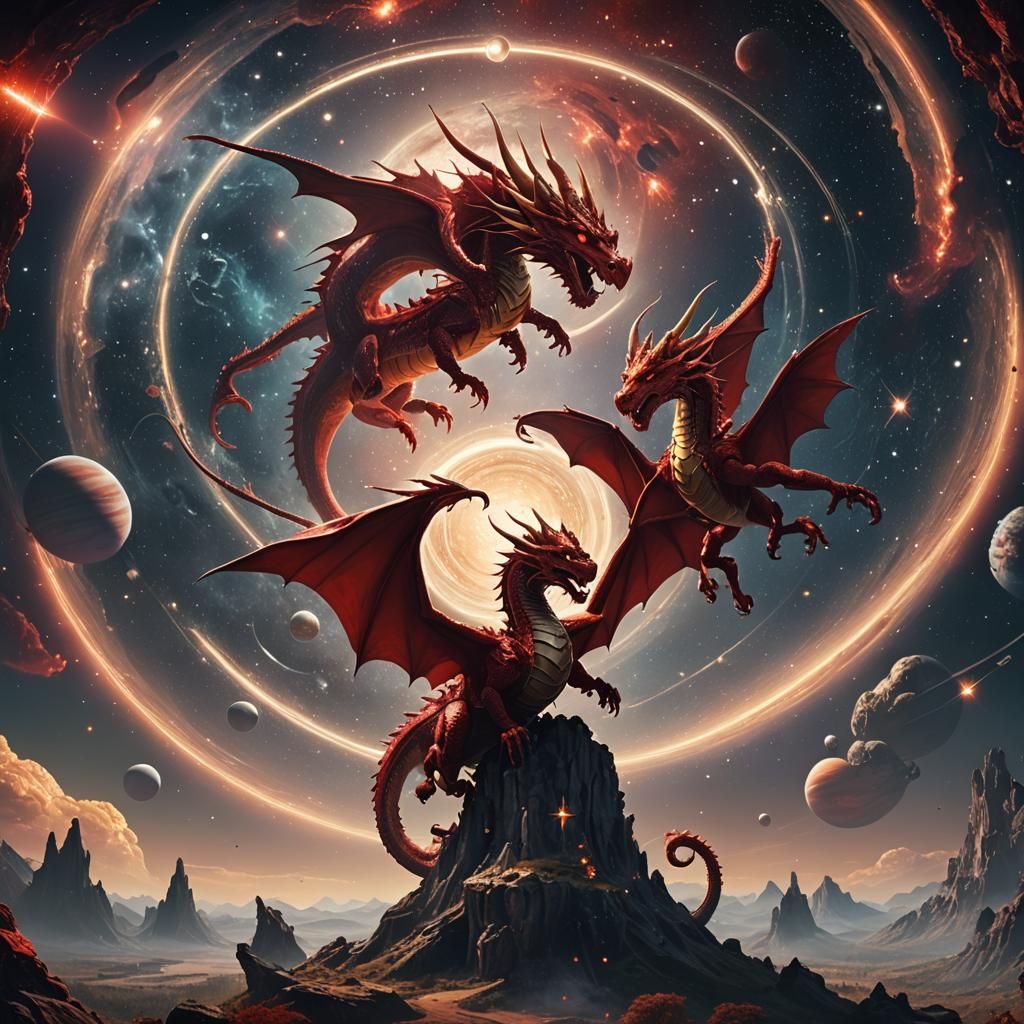 Red Dragons Playing with Stars Around Saturn