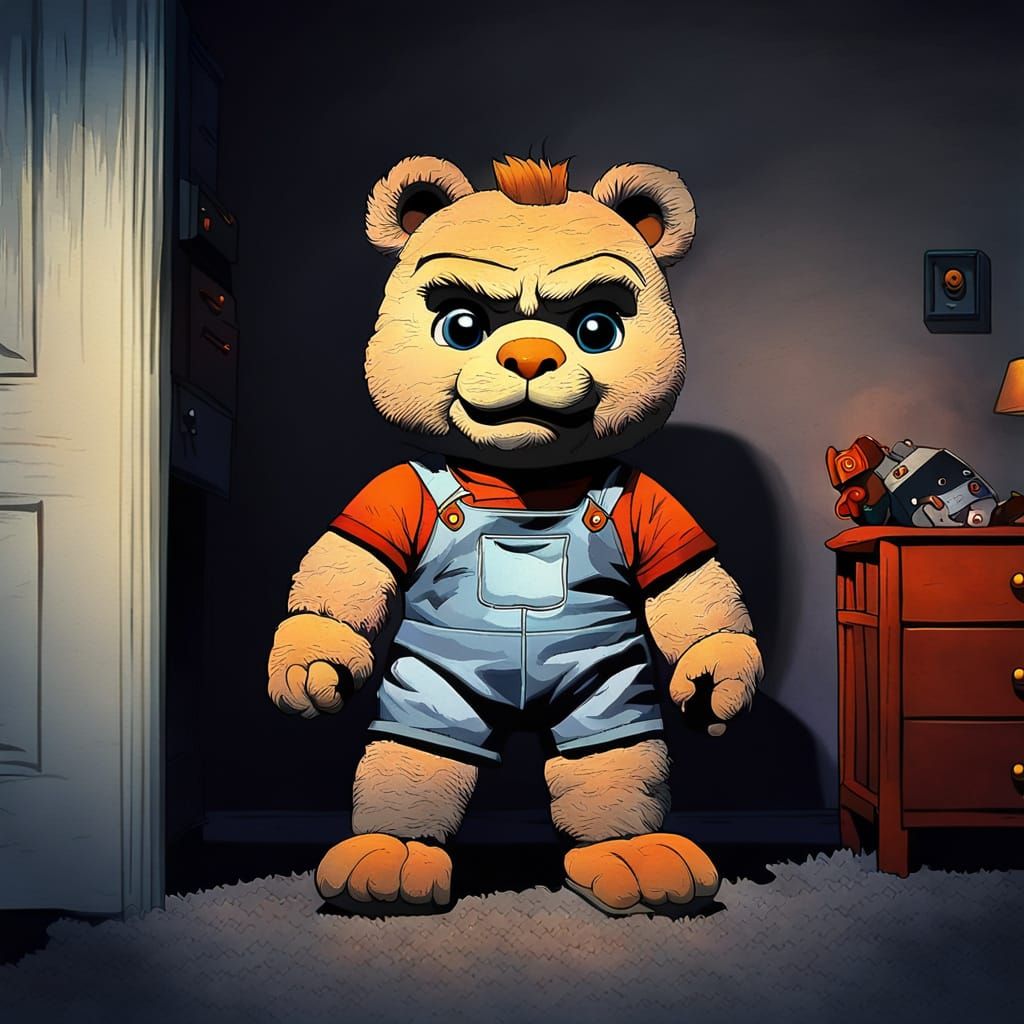 Evil Teddy Ruxpin Serial Killer in Bedroom