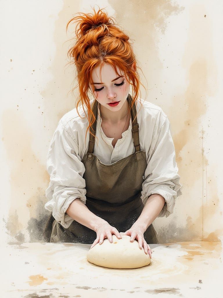 Redhead Baker Kneading Dough in Hygge Kitchen