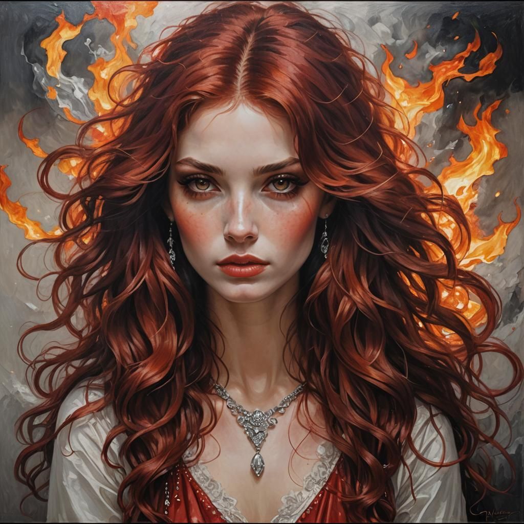 Elegant Girl with Fiery Hair in Oil Painting
