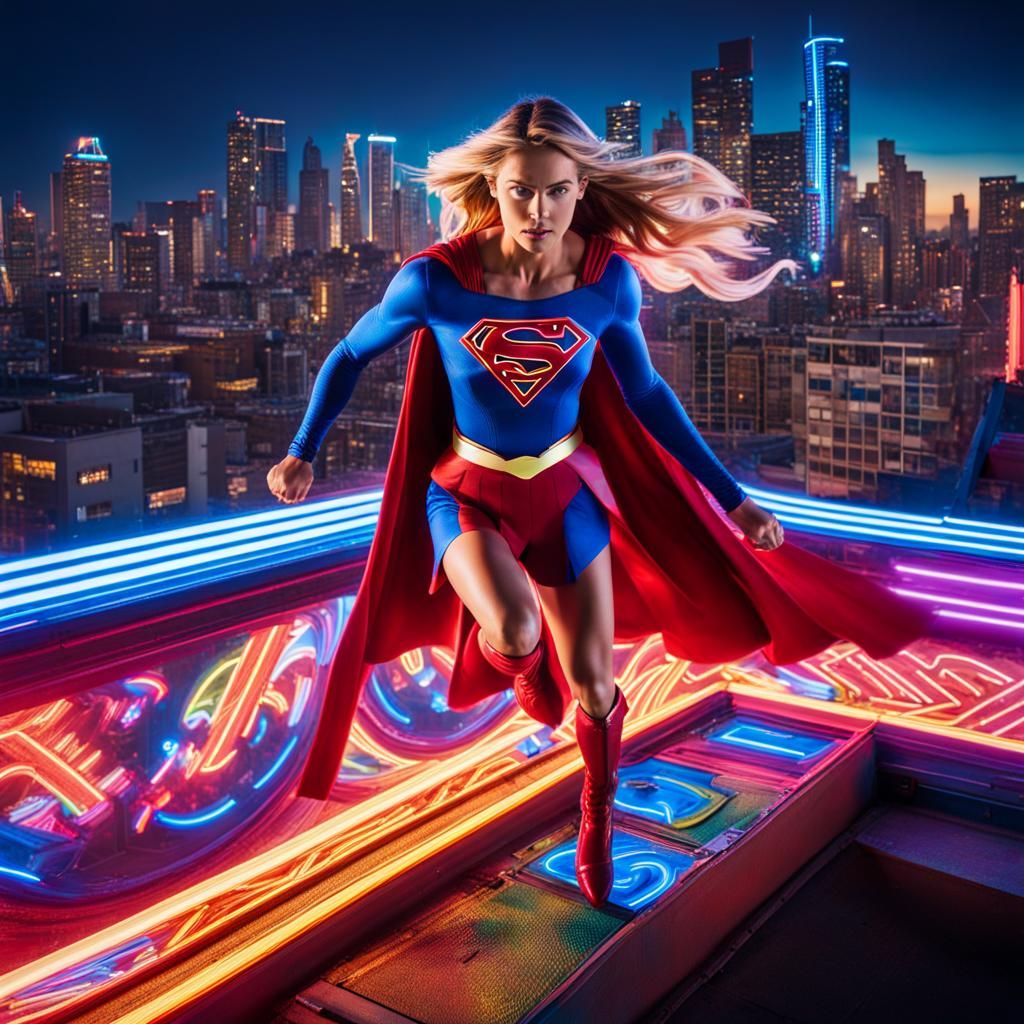 Supergirl Races Across Neon Rooftop in High-Speed Photo