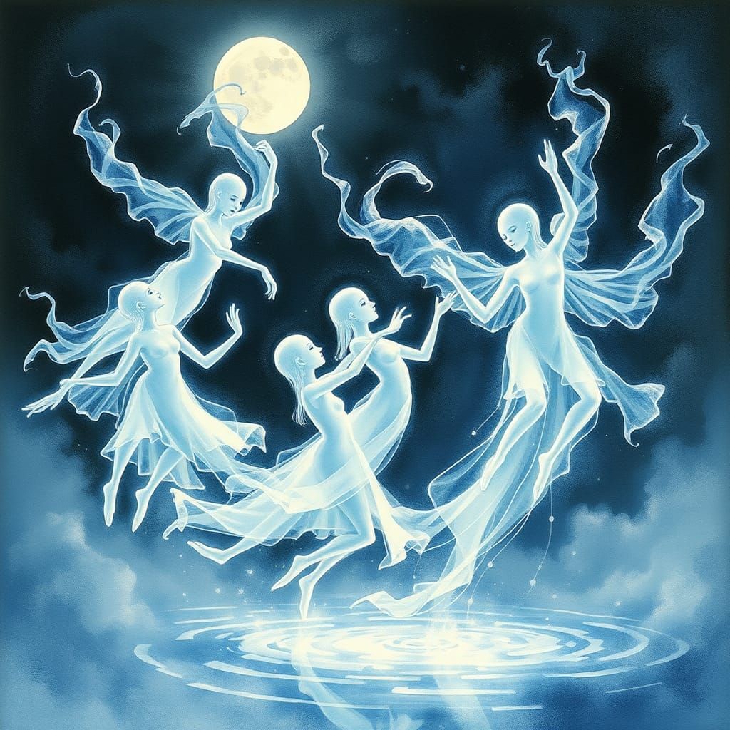 Ethereal Ghosts Dance in Blue and White: Surreal Digital Art