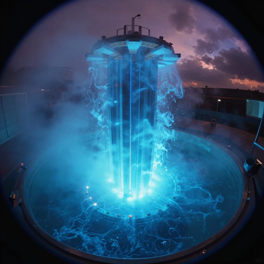 Inside a Nuclear Reactor Core with Blue Cherenkov Radiation