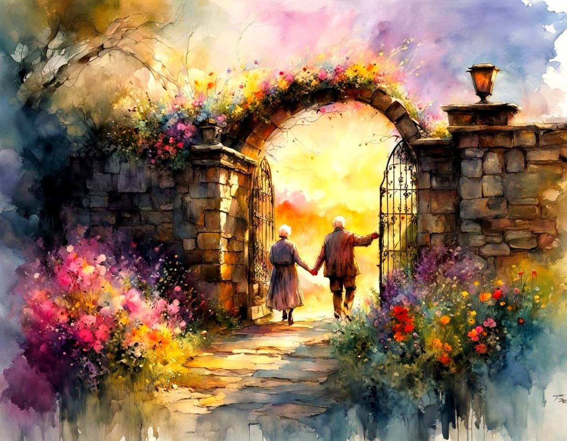 Couple Enters Spring Gardens at Sunrise