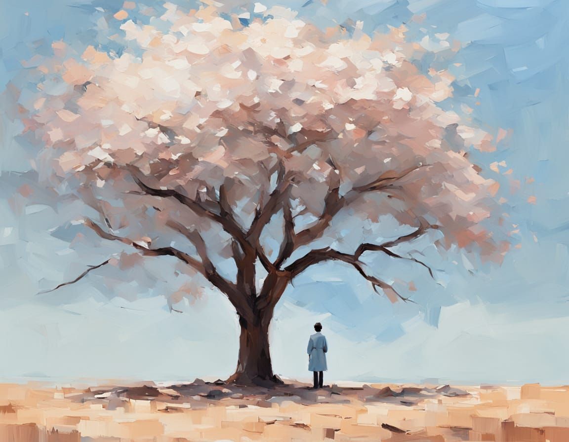 Solitary Figure Under Desert Tree: Oil Painting