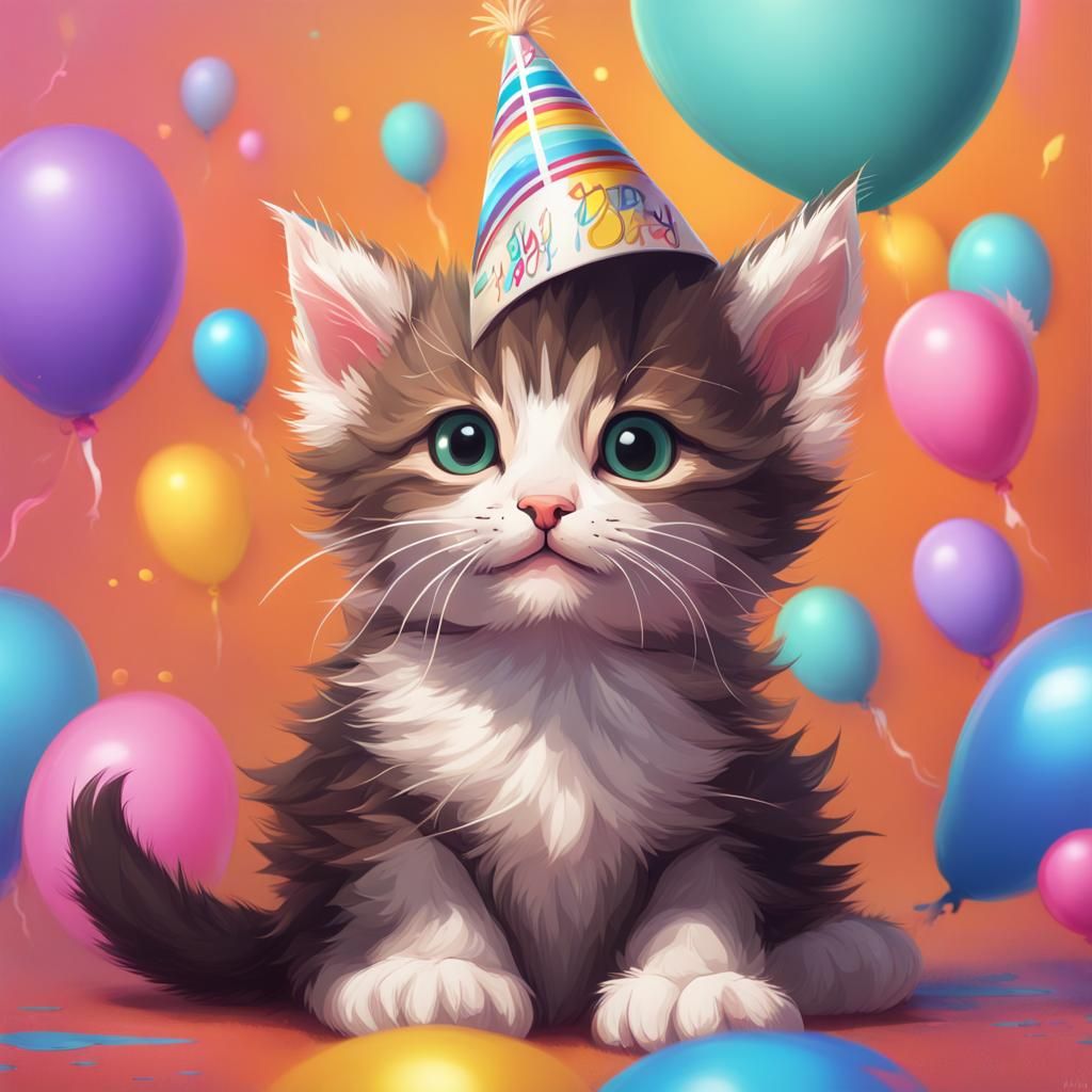 Cute Kitten Celebrates Birthday in Hyperrealistic Splash Art