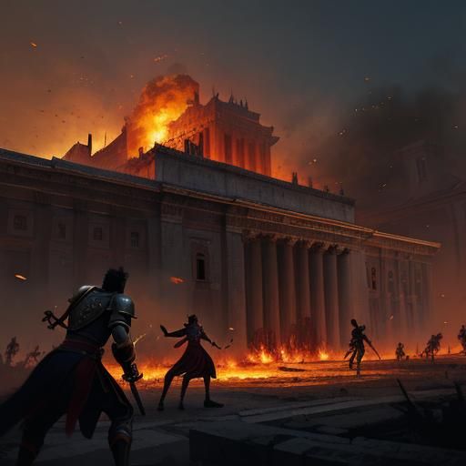 Troy Palace Ablaze: Warriors Clash in Dramatic Painting