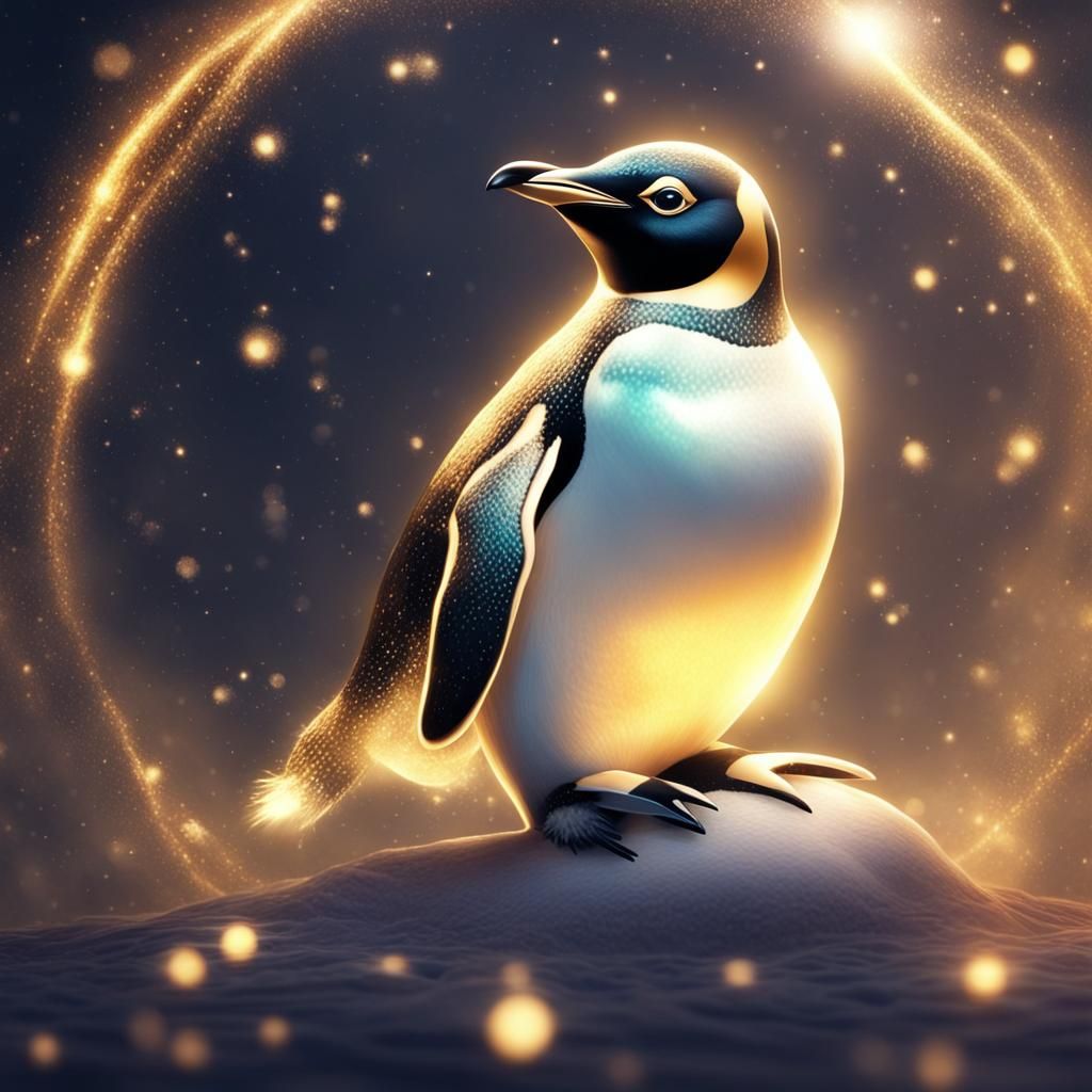 Radiant Cosmic Penguin in Golden Light