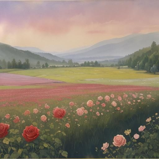 Watercolor Meadow at Dawn in Gouache Style