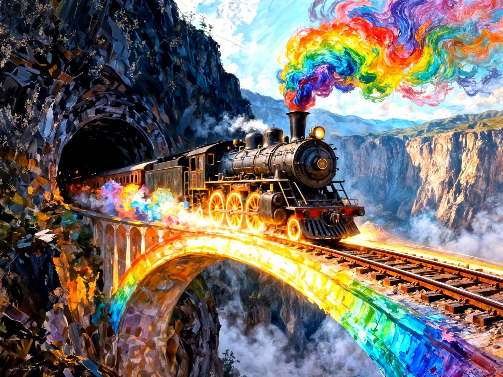 Steam Train on a Rainbow Bridge - Impasto Painting