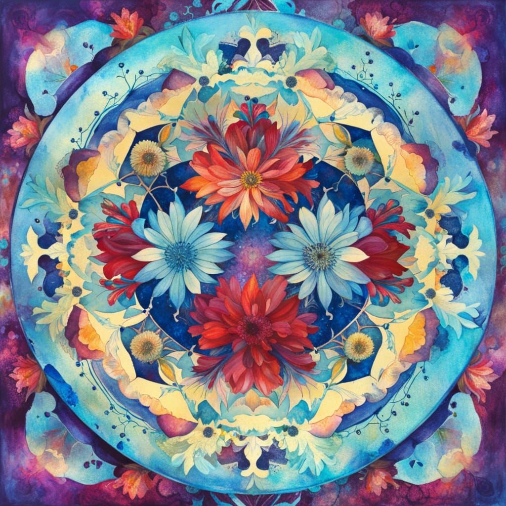 Blue Cornflower Mandala in Double Exposure Style