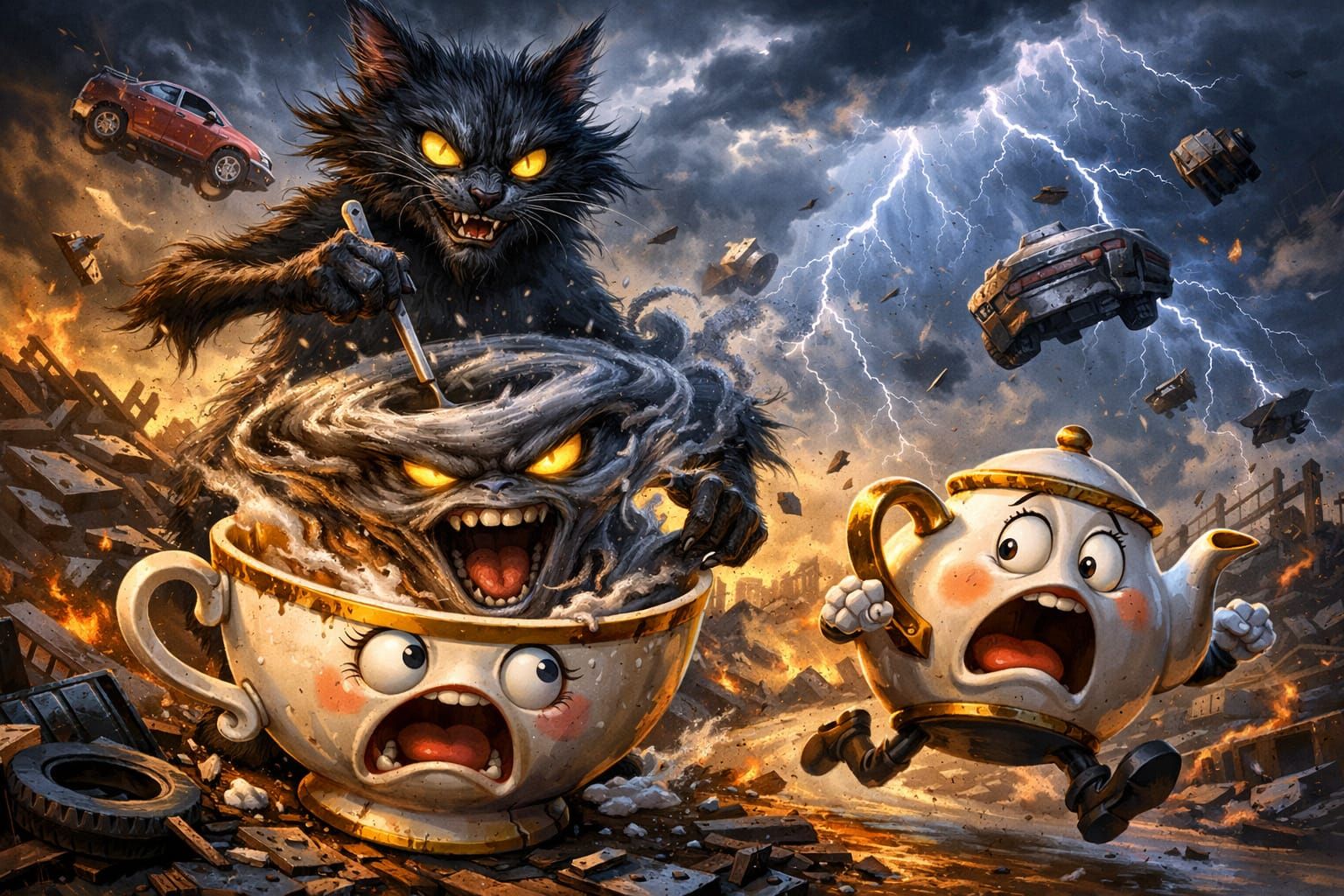 Sinister Cat Battles Evil Tornado in Frightened Teacup