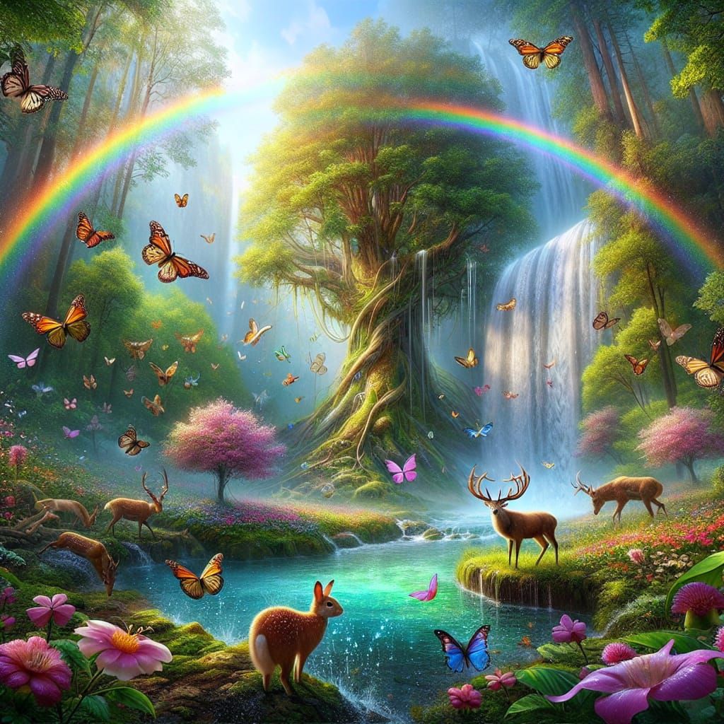 Enchanted Forest Scene with Double Rainbow