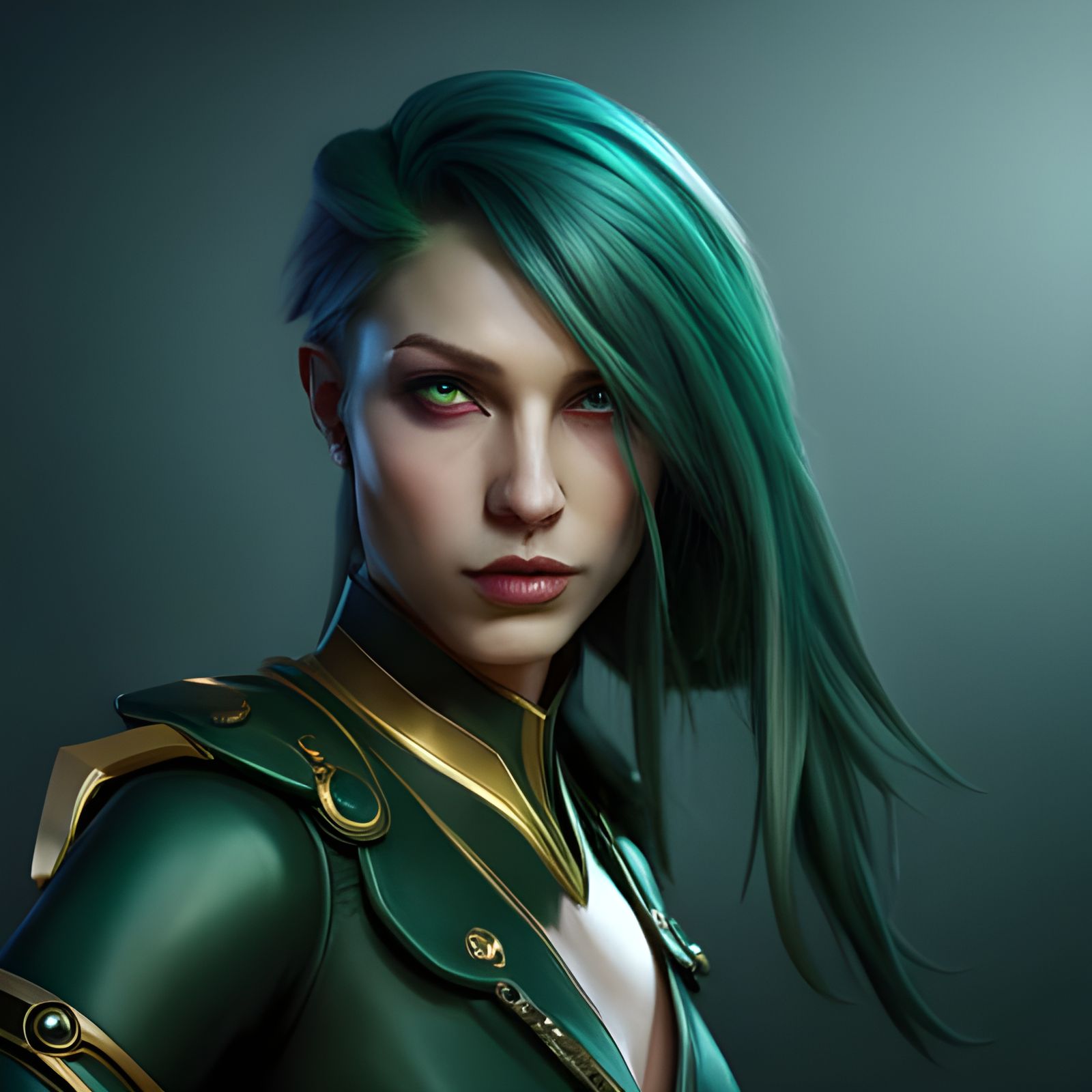 Androgynous Green-Haired Character in Dark Fantasy Style