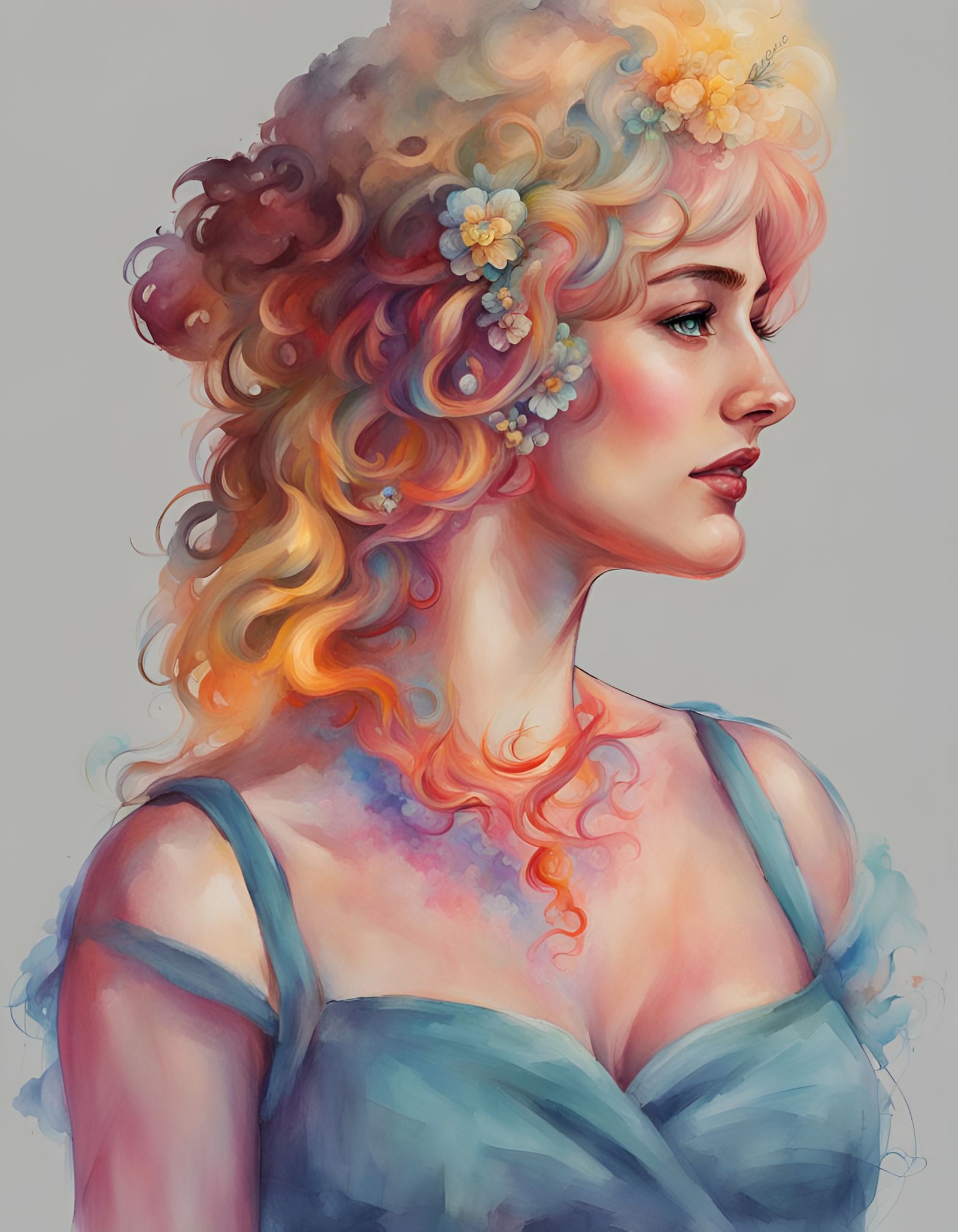 Colorful Portrait in Vintage Line Drawing Style