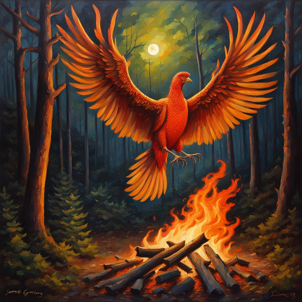 Phoenix Rising: Bonfire Night Forest Oil Painting