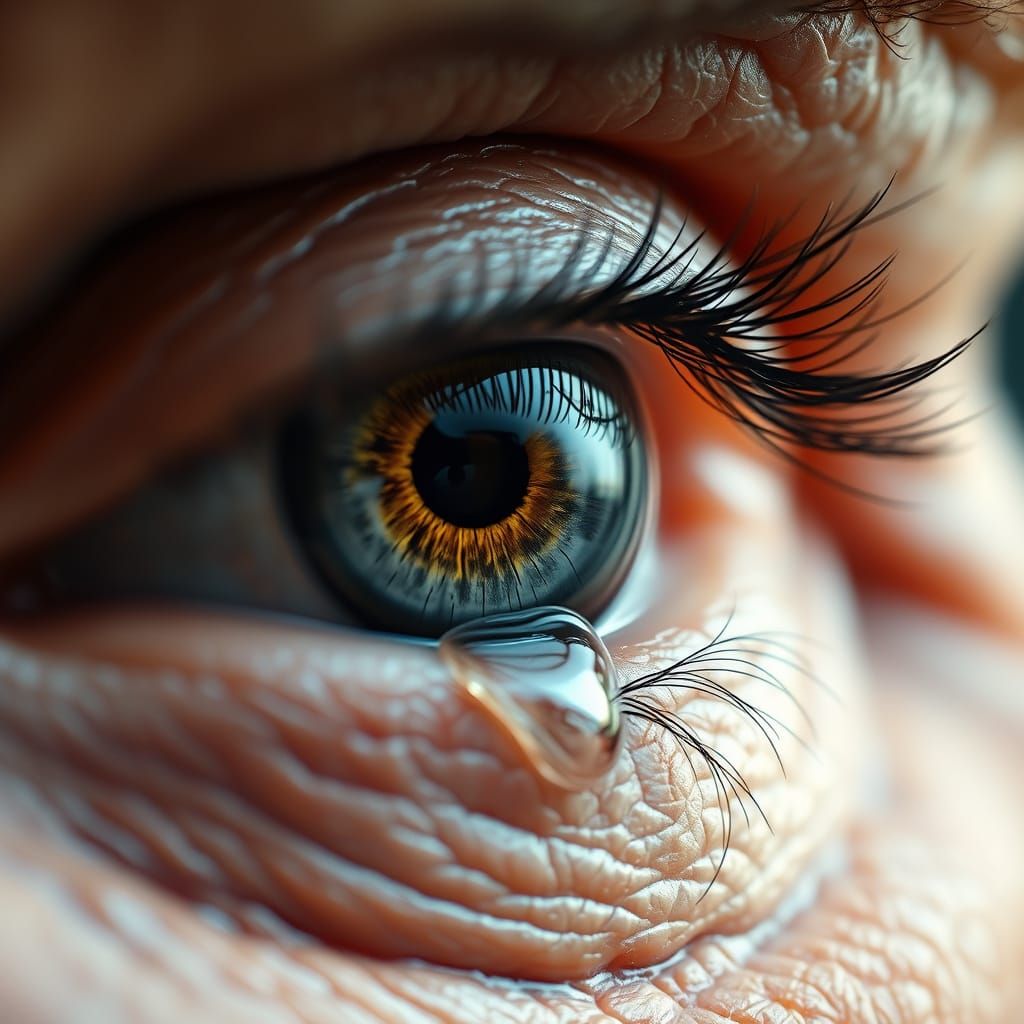Macro Tear Reveals Iridescent Eye in Hyperrealism