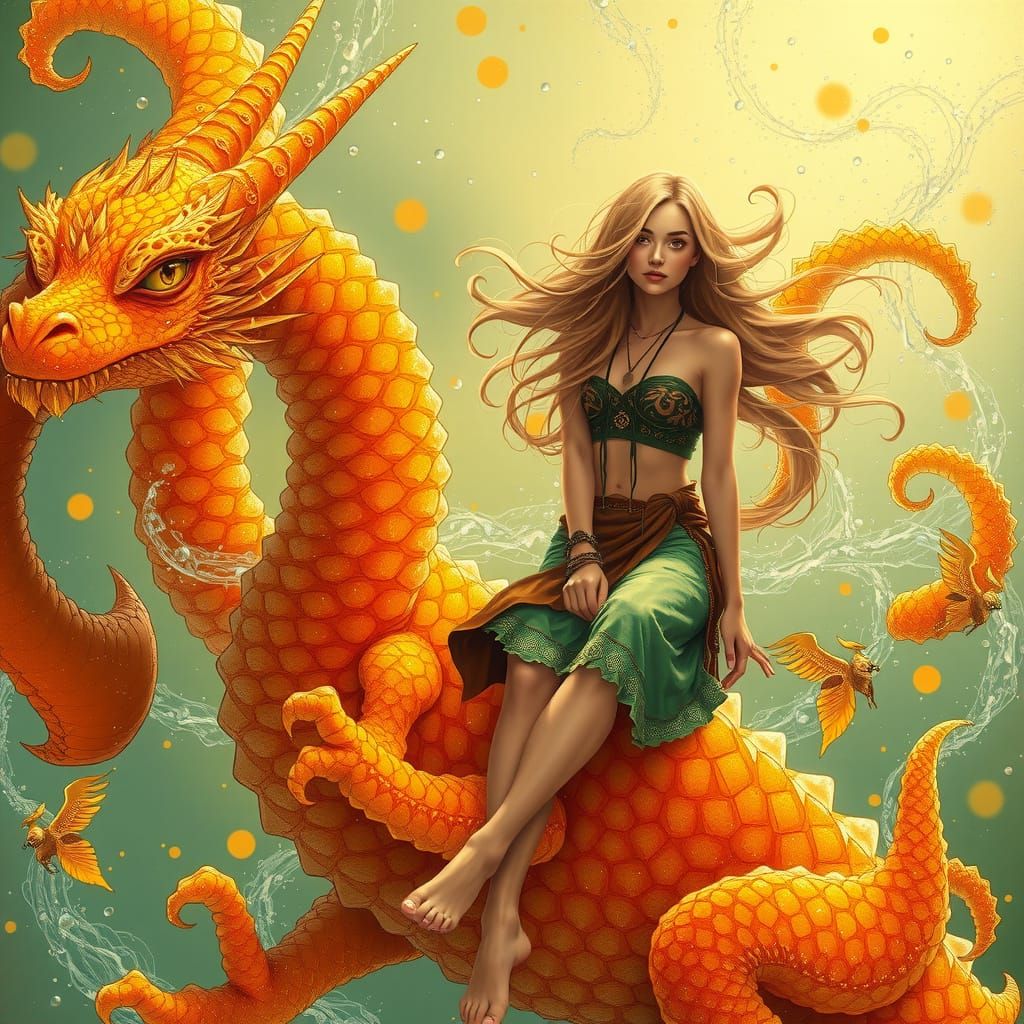 Bohemian Woman Riding Gummy Dragon in Soda Sea