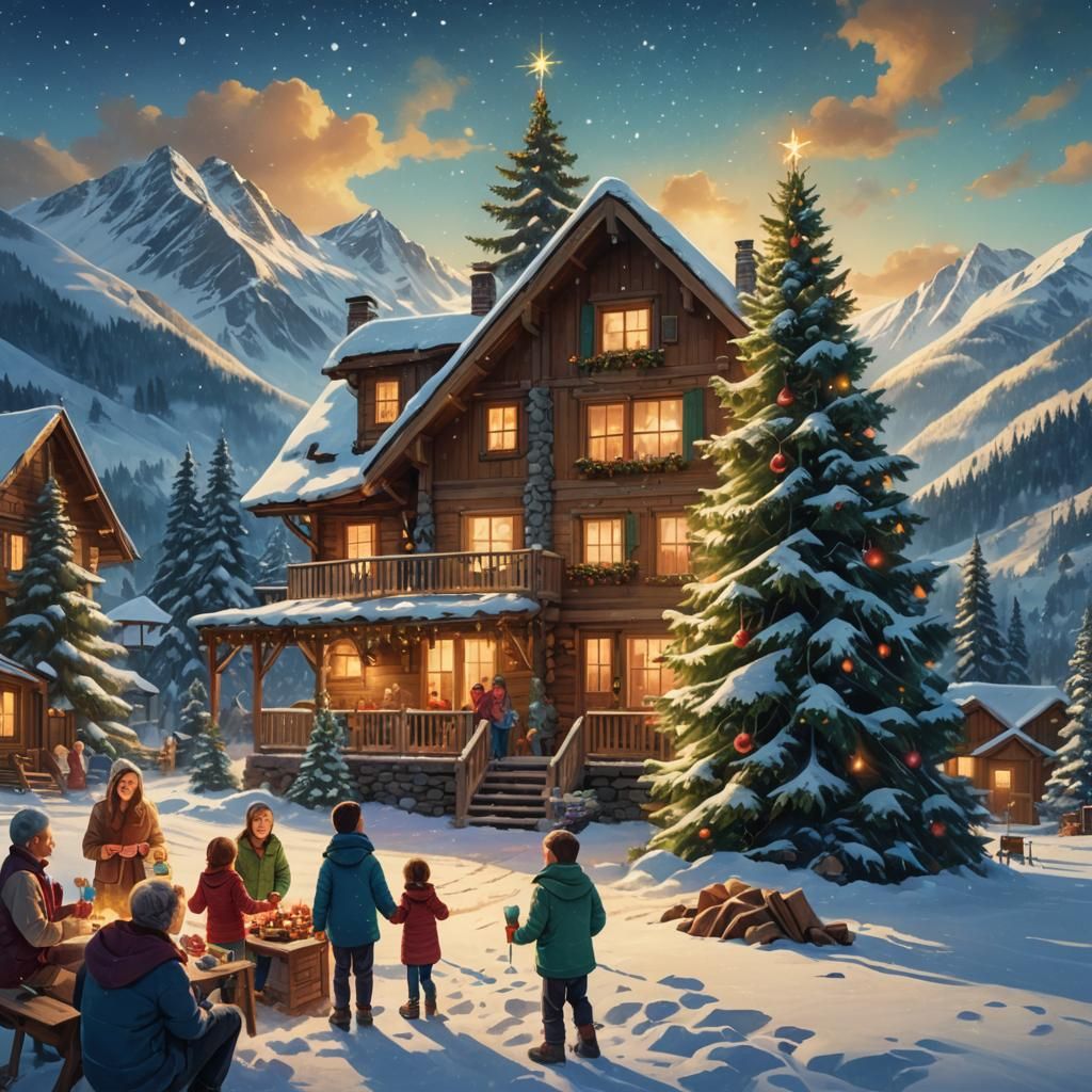 Family Christmas Celebration in Winter Landscape: Oil Painti...