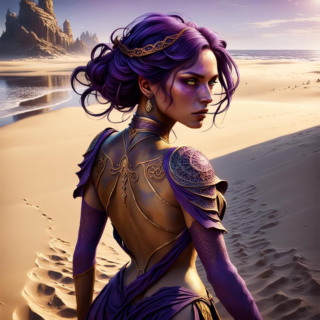 Woman on Sandy Beach: Dark Fantasy Art