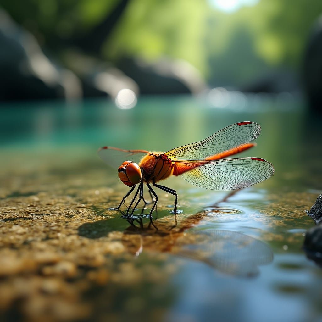 Macro Dragonfly Over Crystal Clear Riverbed