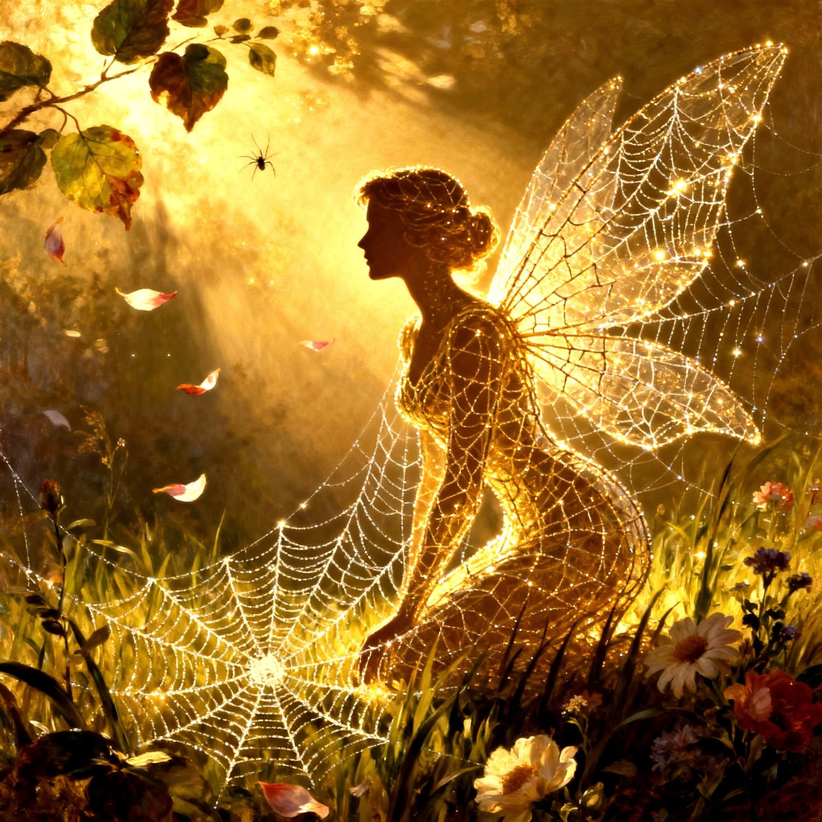 Fairy Face Formed From Golden Spiderweb
