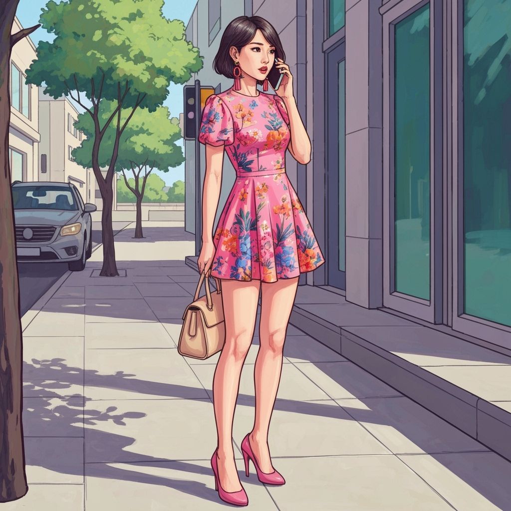Focused Asian Woman in Floral Dress, Modern Illustration