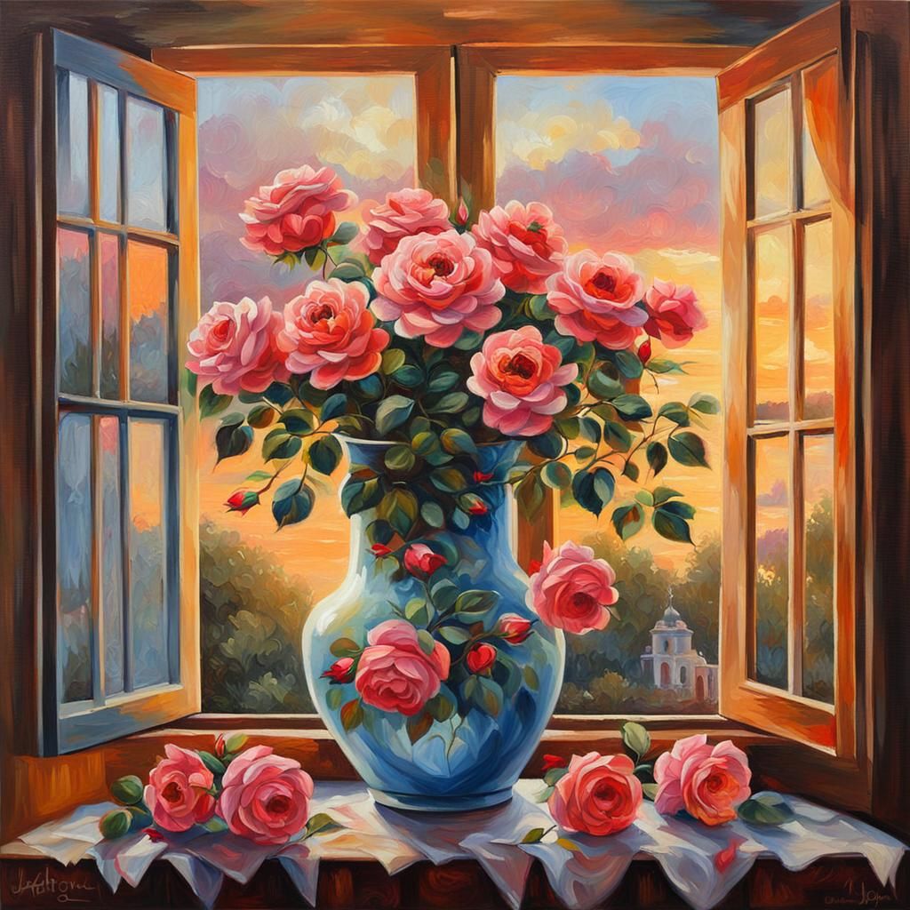 Roses in Vase at Dawn: Oil Painting