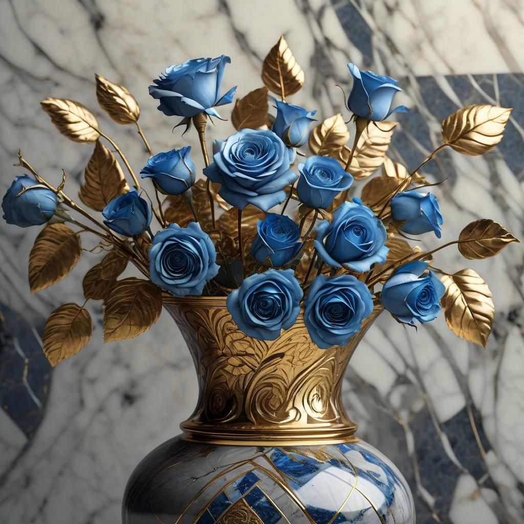 Golden Vase with Withered Roses in Art Deco Style