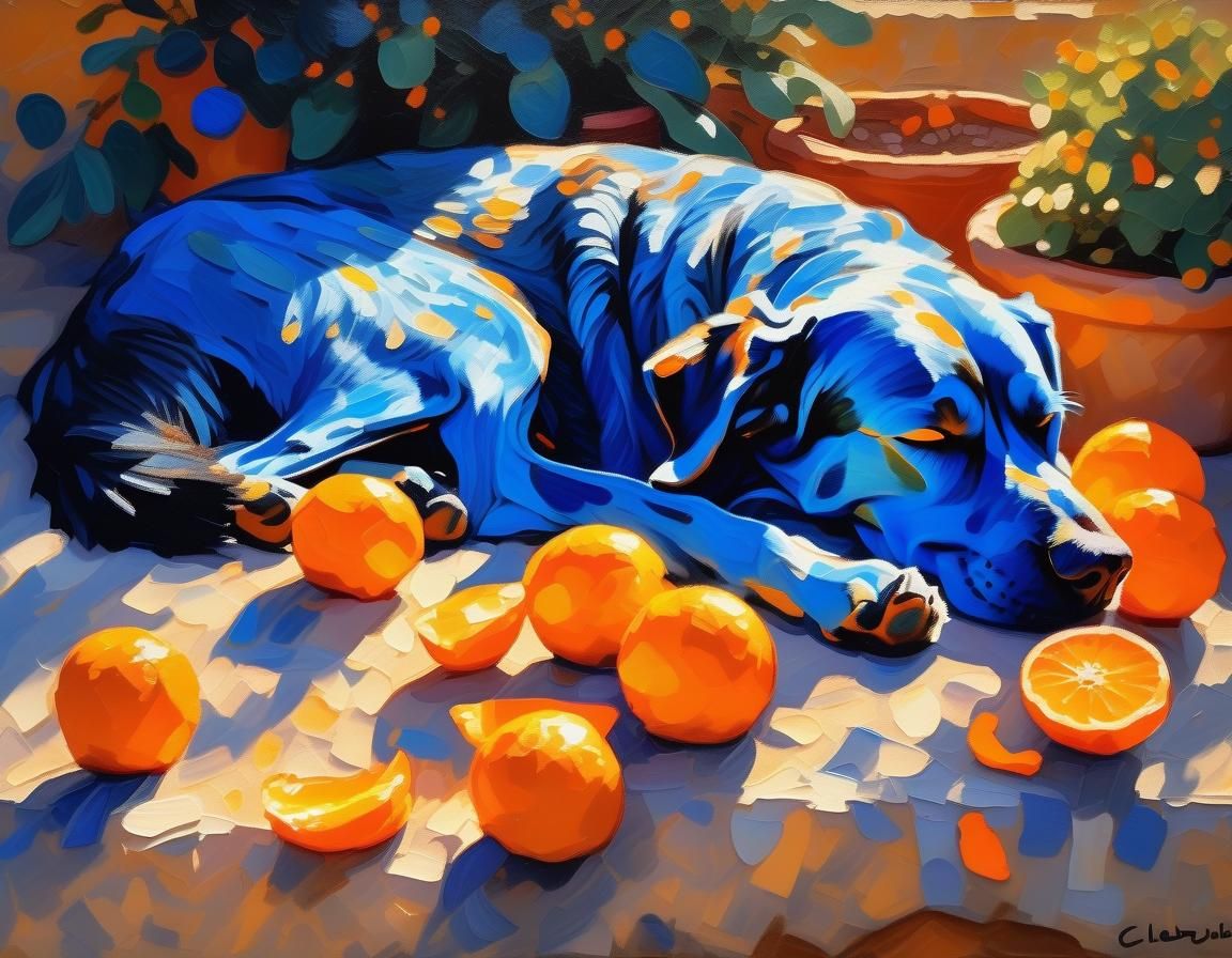Blue Dog Sunbeam: Impressionist Style Warm Lighting