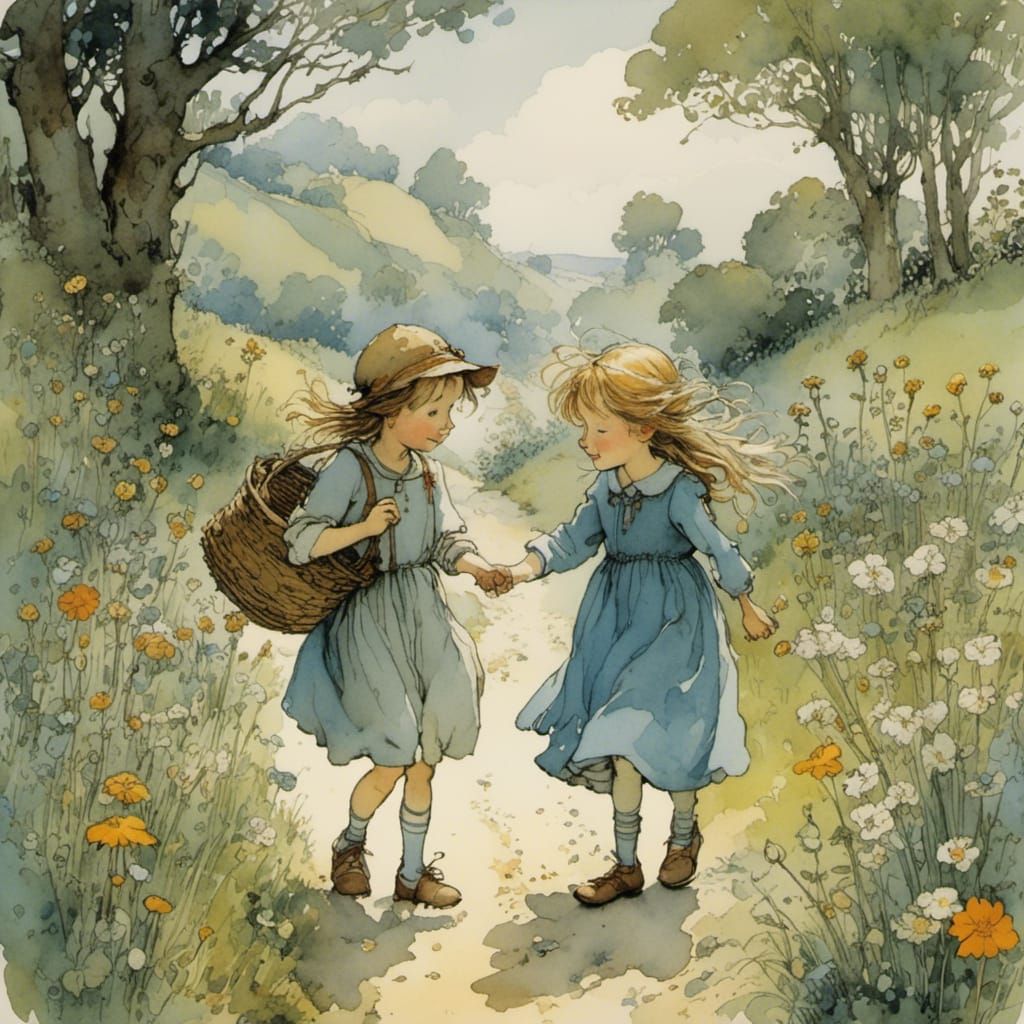 Charming Friendship Illustration in Vintage Storybook Style