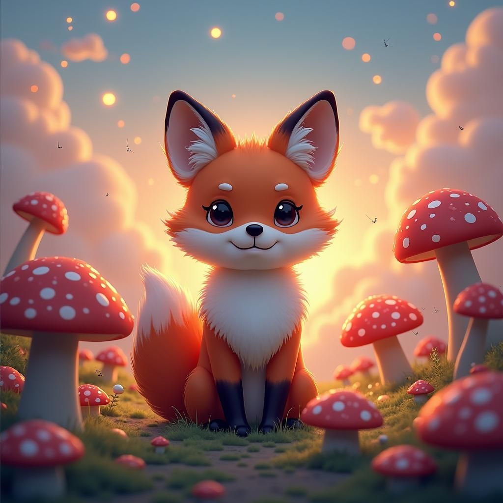 Kawaii Fox Kit in a Surreal Mushroom Landscape