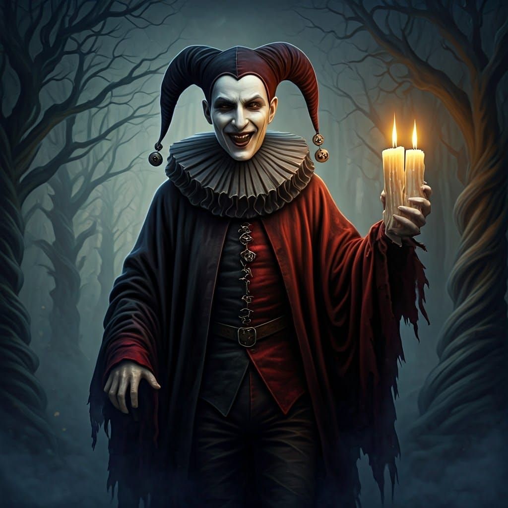 Ethereal Jester in a Dark Gothic Landscape
