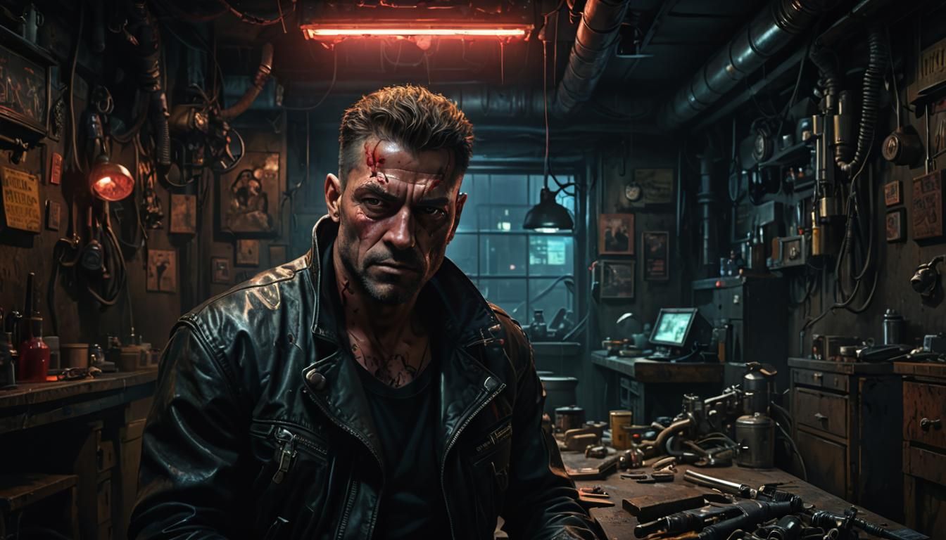 Cartel Portrait oil painting of of malevolent psychopath, good natured, biker mechanic, work portrayal, toiling in his m...