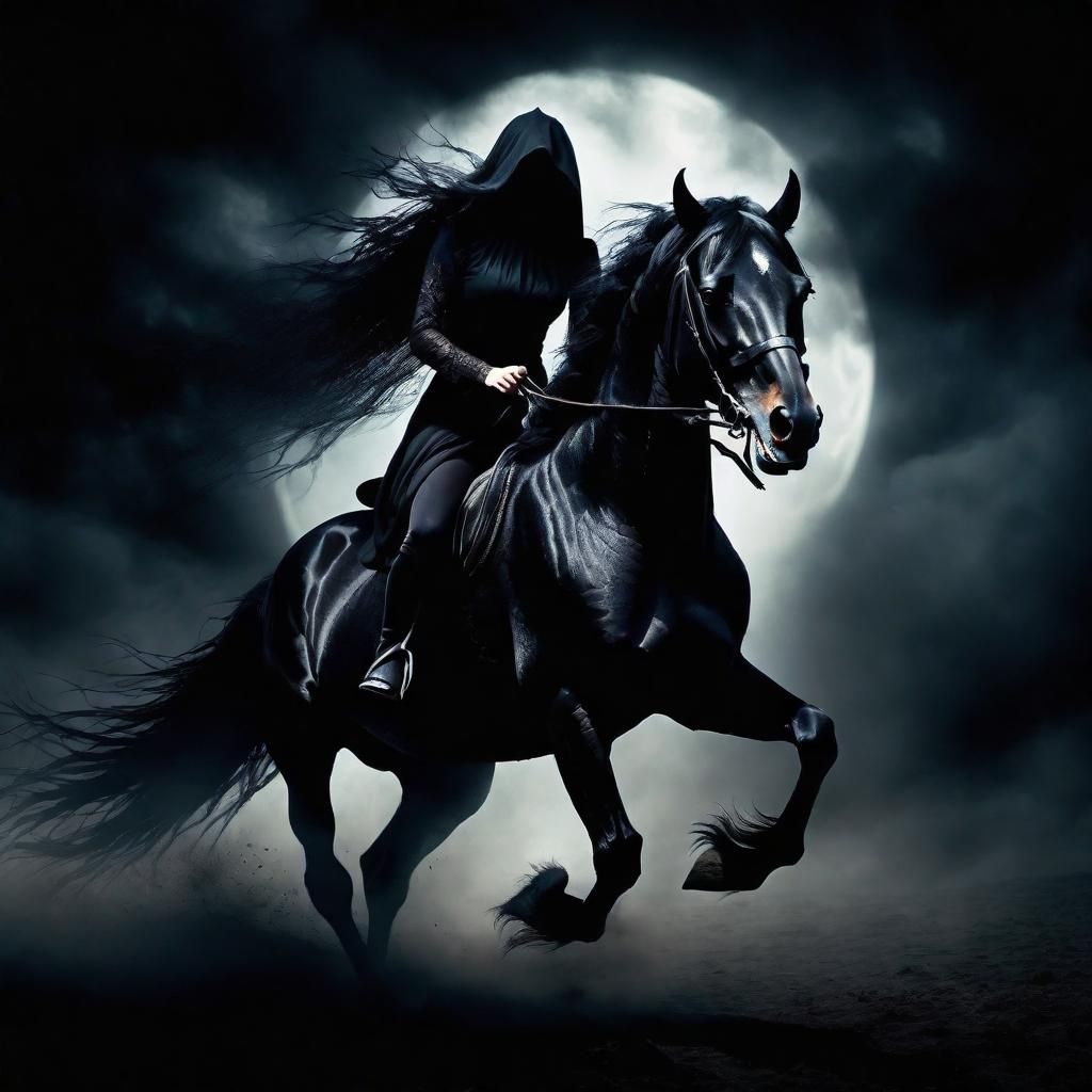 Demonic Nightmare on Black Horse in Darkness
