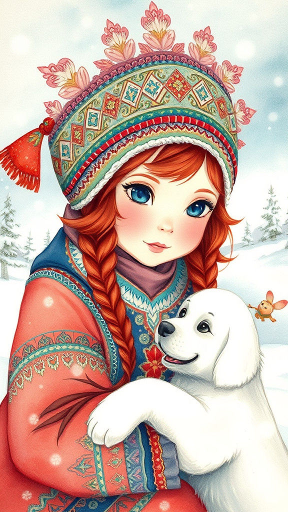 Asian Girl with Puppy in Vibrant Watercolor Style