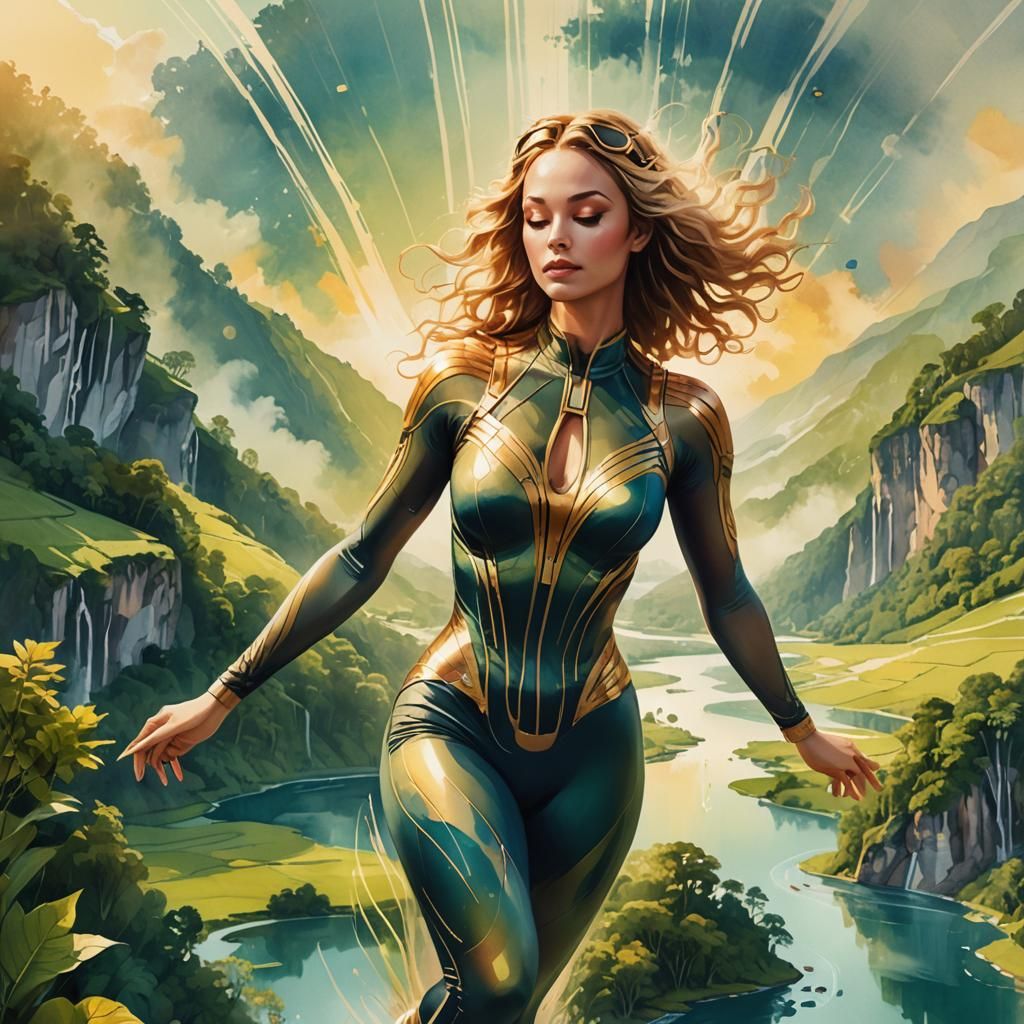 Goddess Skydiving: Ultrarealistic Watercolor Art Deco Illust...