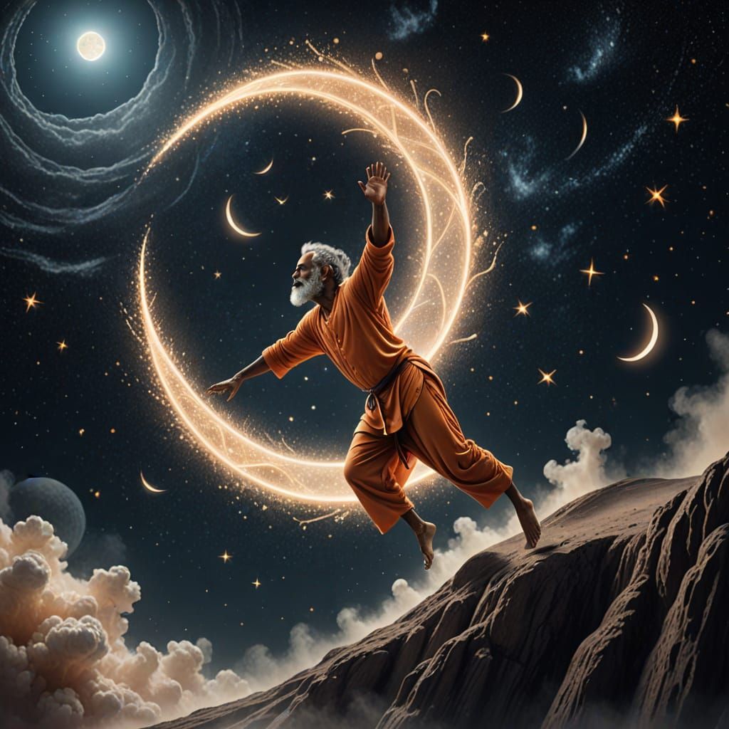 Surreal Yogi Falls from Moon in Space